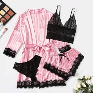 Aveline ชุดนอนลูกไม้ 4 ชิ้น พร้อมเสื้อคลุมซาติน เซ็ตสายเดี่ยว+กางเกง พลัสไซส์ S-2XL 5 TH-PS044