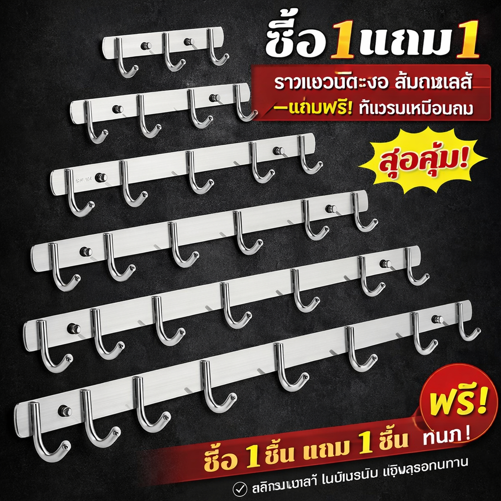 ตะขอราง ตะขอแขวน ราวตากผ้าติดผนั ตะขอ อเนกประสงค์ วัสดุคุณภาพดี สแตนเลส 304 แบบ กันน้ำ กันสนิม ทนทาน 3/4/5/6/7/8/10ตะขอ