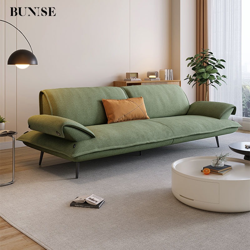 BUNISE French Cream Style Green Linen Sofa BU24 - Modern Minimalist Straight Couch for Small Living 
