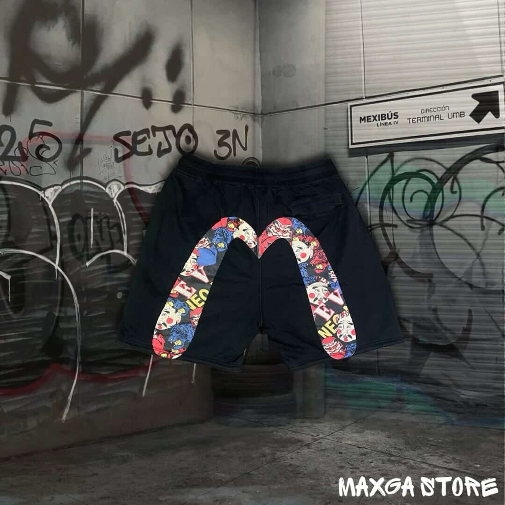 กางเกงขาสั้น Evisu ลาย Daicock กราฟิกหน้ากากญี่ปุ่น (Used) สภาพดี