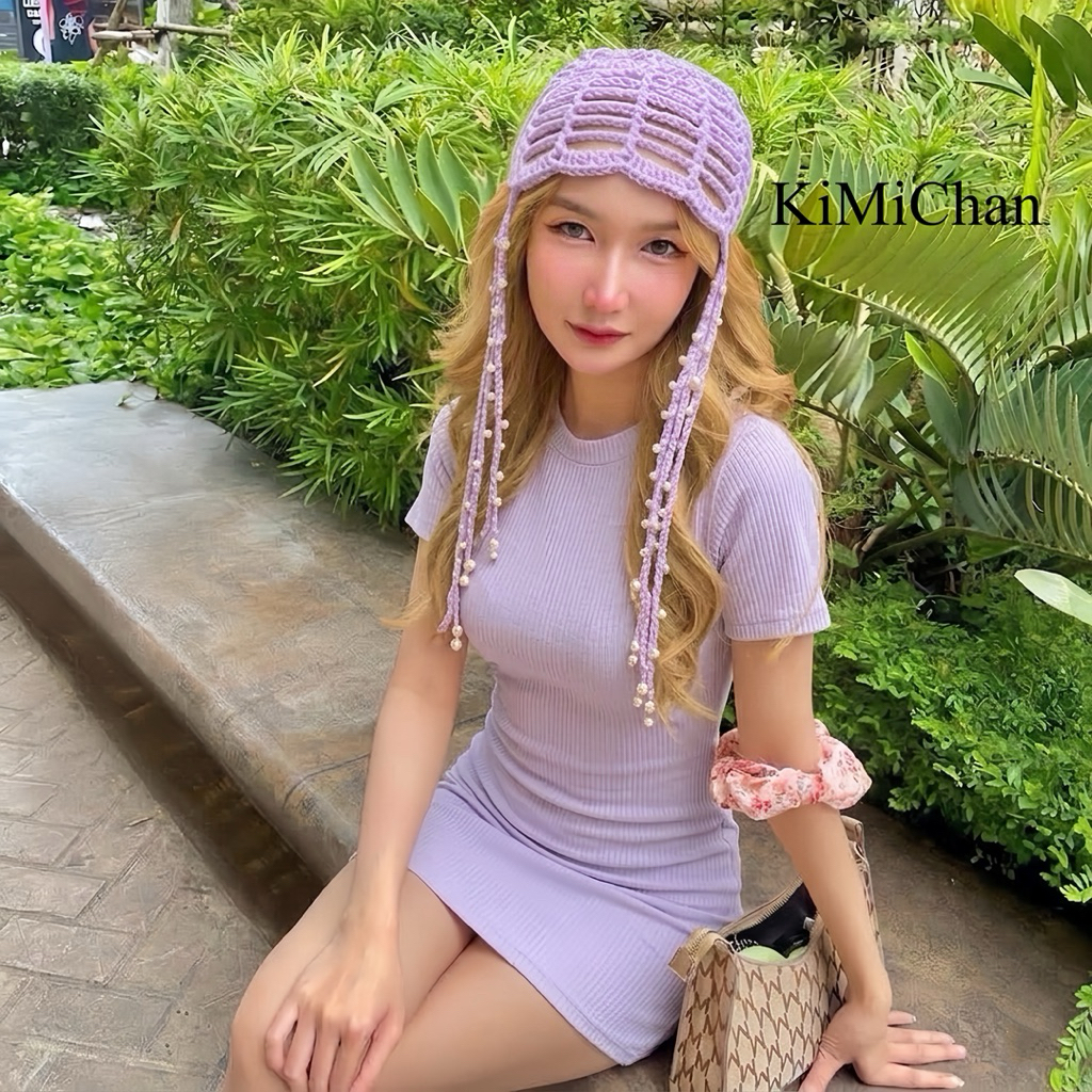 หมวกบีนนี่ไหมพรมถัก งาน Handmade 100% หมวกสไตล์เกาหลี ดีเทลตาข่าย ประดับมุก สไตล์ Y2K / Coquette (พร้อมส่ง)
