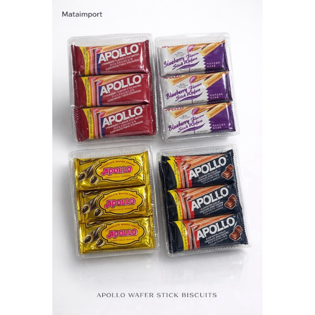 Apollo  stick wafers มี 4 รสชาติ 1กล่อง12ชิ้น (สตรอว์เบอร์รี่/บลูเบอร์รี่/ช็อกโกแลต/ช็อกโกแลตครีม)