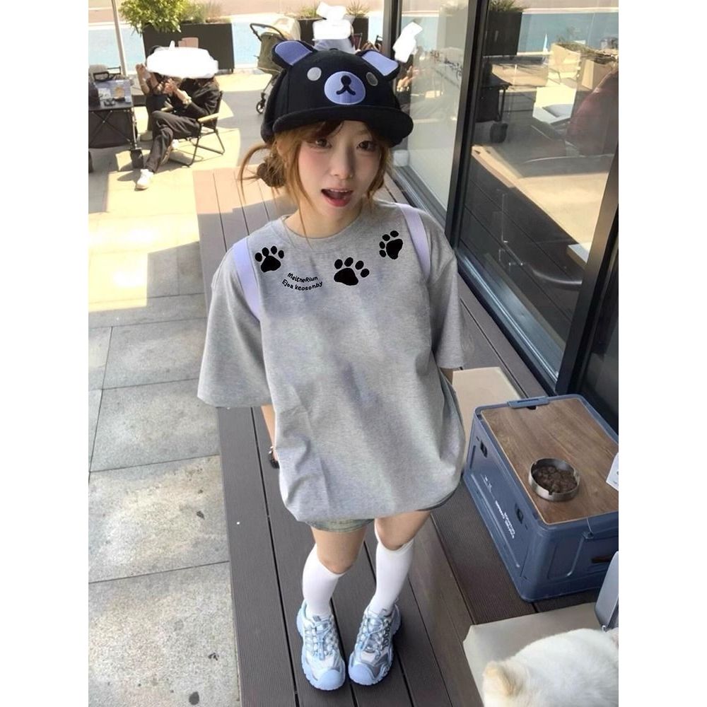 KKS พร้อมส่ง เสื้อยืด Oversize ผ้าคอตตอน 100% สไตล์เกาหลี น่ารัก ลายเท้าแมว เนื้อผ้านุ่ม ใส่สบายมาก ไซส์ M-XXL
