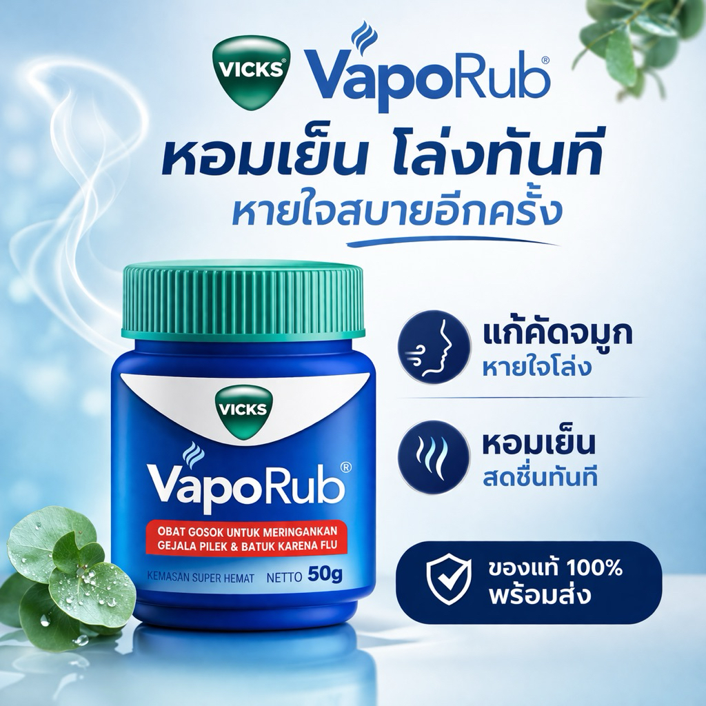 Vicks VapoRub 50 กรัม ยาทาภายนอก กลิ่นหอมเย็น ช่วยบรรเทาอาการคัดจมูก และให้ความรู้สึกหายใจโล่ง ใช้งานสะดวก ของแท้ 100%