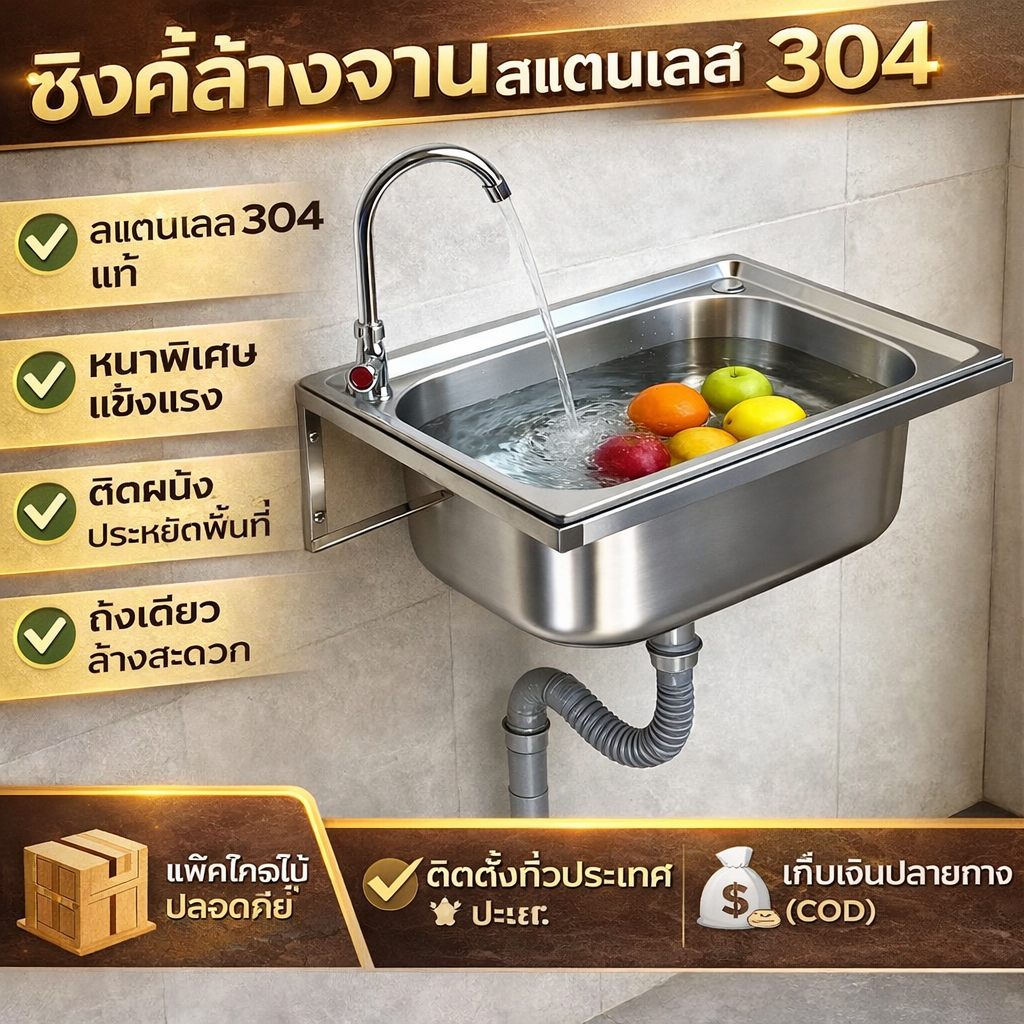 ซิงค์ล้างจานสแตนเลส 304 ถังเดี่ยว อ่างล้างจานติดผนัง หนาพิเศษ พร้อมขายึด