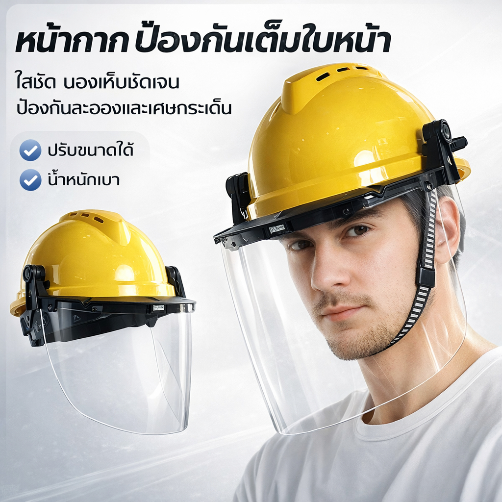 หมวกนิรภัยหน้ากากใส PVC ปรับองศาได้ ใช้ตัดหญ้า งานช่าง งานสวน กันกระแทกใบหน้า เซฟตี้มาตรฐาน