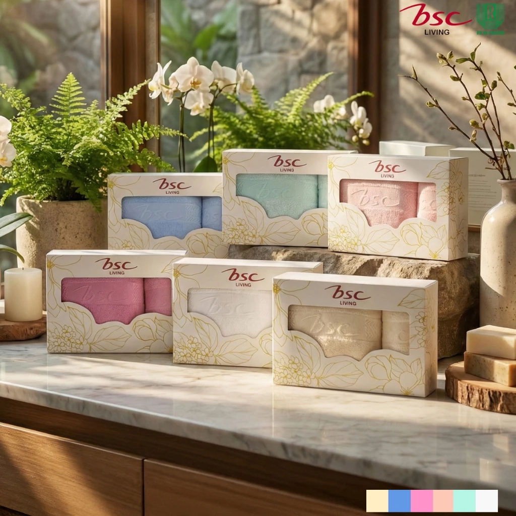 GIFTSET BSC TOWEL ชุดผ้าขนหนูใยไผ่ Bamboo Cotton แอนตี้แบคทีเรีย ไม่เกิดสิว ไร้กลิ่นอับชื้น (ASG480) *กล่องรุ่นใหม่*