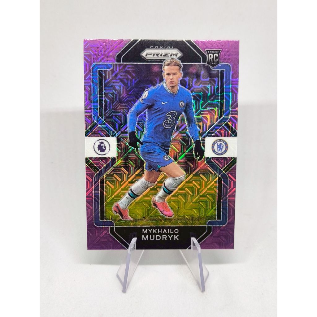 การ์ดฟุตบอล Panini Chronicles Prizm EPL Chelsea Mykhailo Mudryk RC Purple Mojo 2022-23