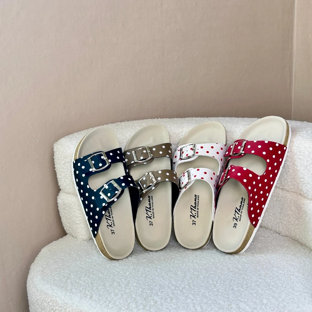 KTHANA รองเท้าแตะลายจุด polka dot รุ่น 2 เข็มขัด พื้นสไตล์วิเทจ 34-44 **หน้าเท้าเรียว แบนแนะนำลด 1ไซส์**