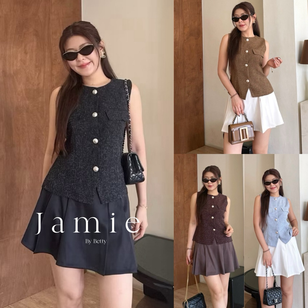 Jamie Set🥝🍓 ชุดเซ็ตเสื้อผ้าทวิต พร้อมกระโปรงมีซับใน  ลุคเรียบหรูแต่มีความเกาหลี เสื้อกั๊กแขนกุดผ้าทวิตพร้อมกระโปรง