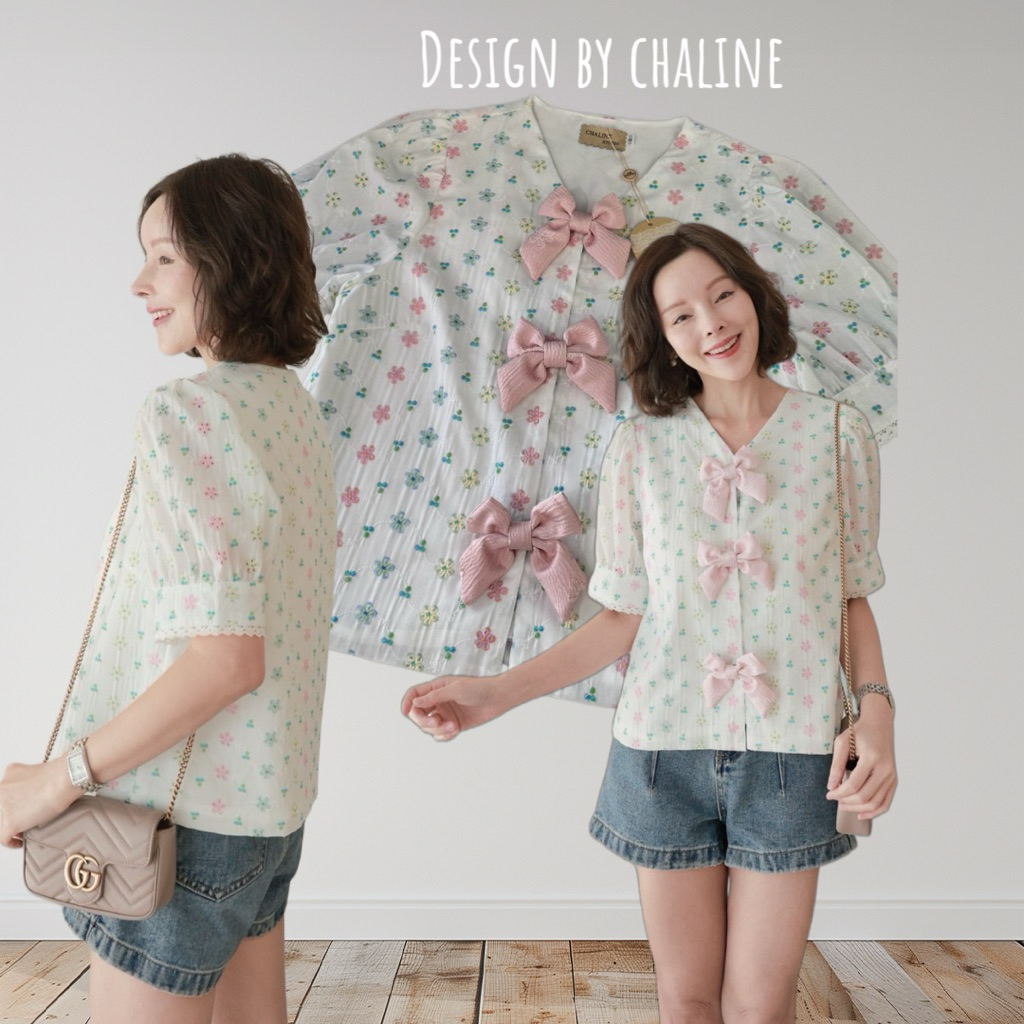 พร้อมส่ง Chaline เสื้อคอวีแขนสั้นสีสวยละมุน เนื้อผ้าคอตตอนปักลายสีน่ารัก