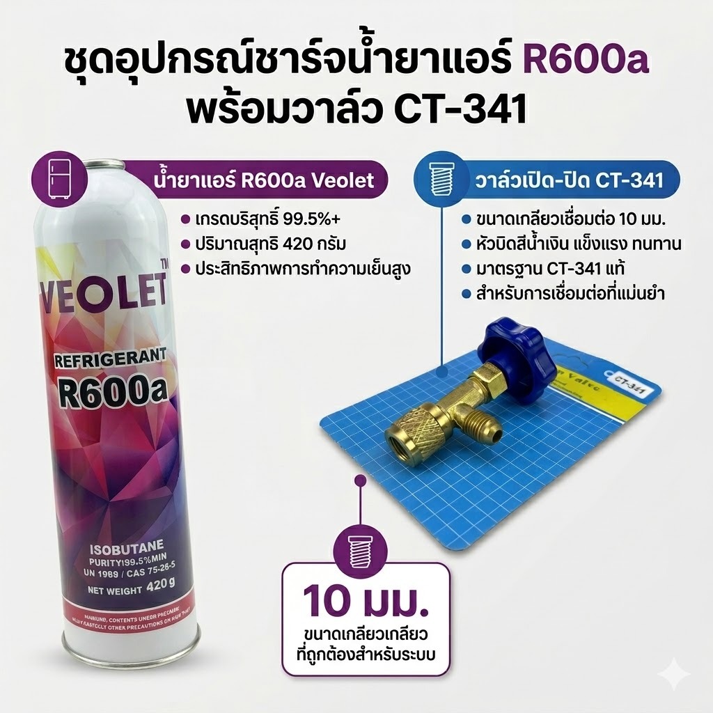 วาล์วเปิดปิด + น้ำยา R600a ยี่ห้อ VEOLET ขนาด 420 กรัม น้ำยาแอร์ CT-341