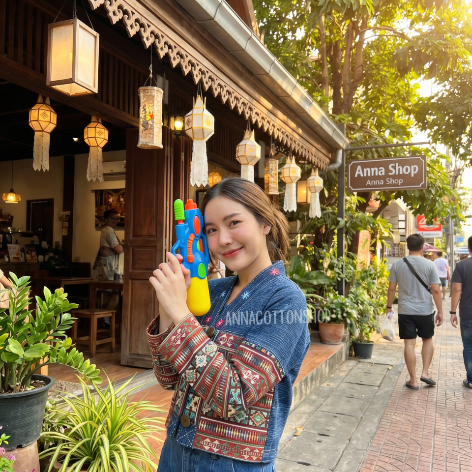 เสื้อคลุมลานนาผ้าฝ้ายชินมัยสโตนไม่อัดกาว แต่งลายผ้าทออาข่า ผสมผสานกันอย่างลงตัวสวยแบบมีเอกลักษณ์ มีขนาด 38-44นิ้ว