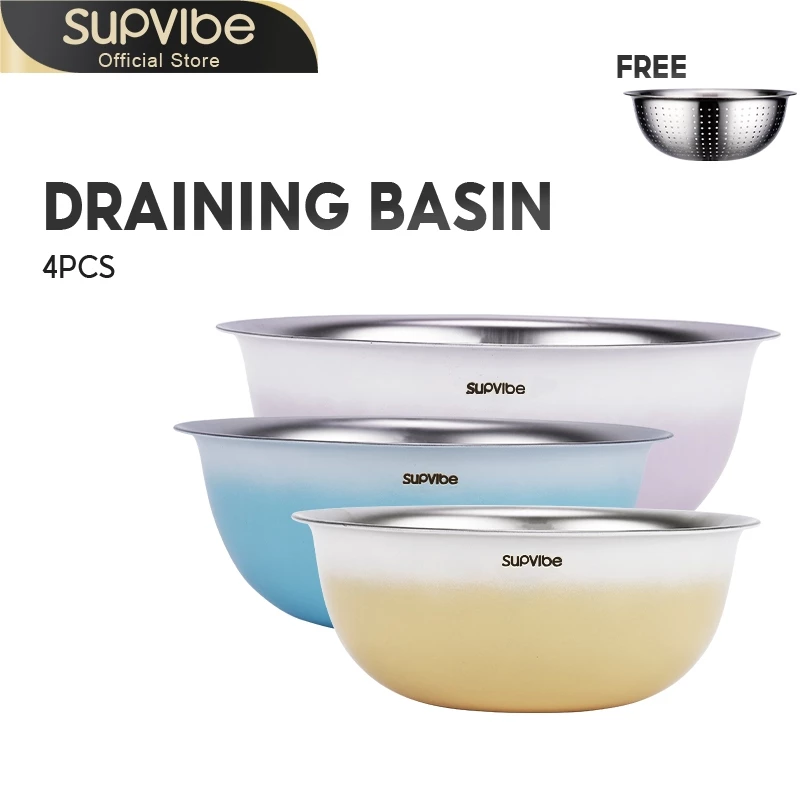 SUPVIBE กะละมังสแตนเลสมีรู 316 ชามผสมสแตนเลส กะละมังรูล้างผัก มีปริมาตรวัด ชามสลัด ช่วยให้ผัก ผลไม้ เสด็จน้ำ