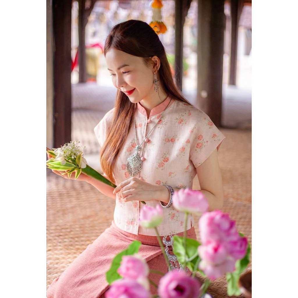 💐คำปู้จู้ เสื้อคอจีน ลินิน ลายดอกไม้ 💐