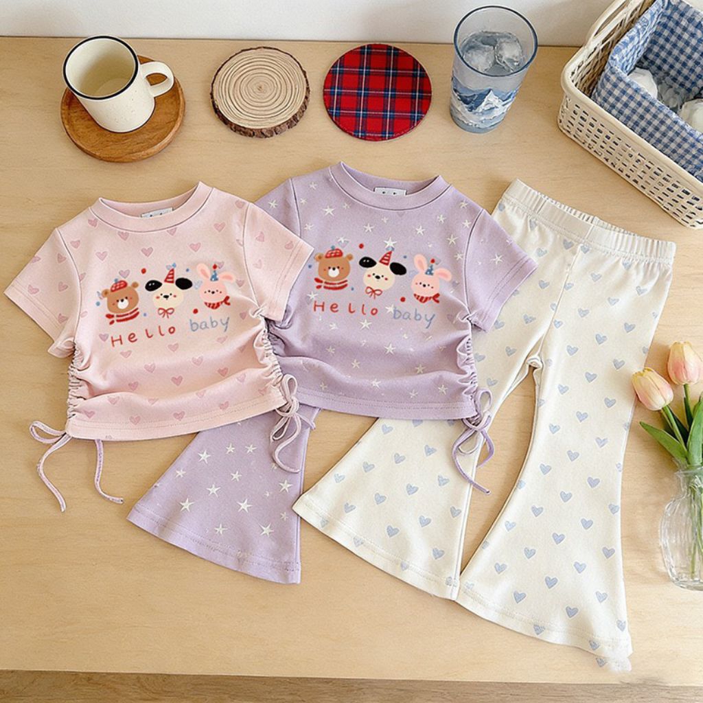 ชุดเชตลูกสาวน่ารักๆเสื้อแขนสั้นเอวรูดเชือกมัดได้กางเกงขาม้าน่ารักใส่ครบเชตกันเลย
