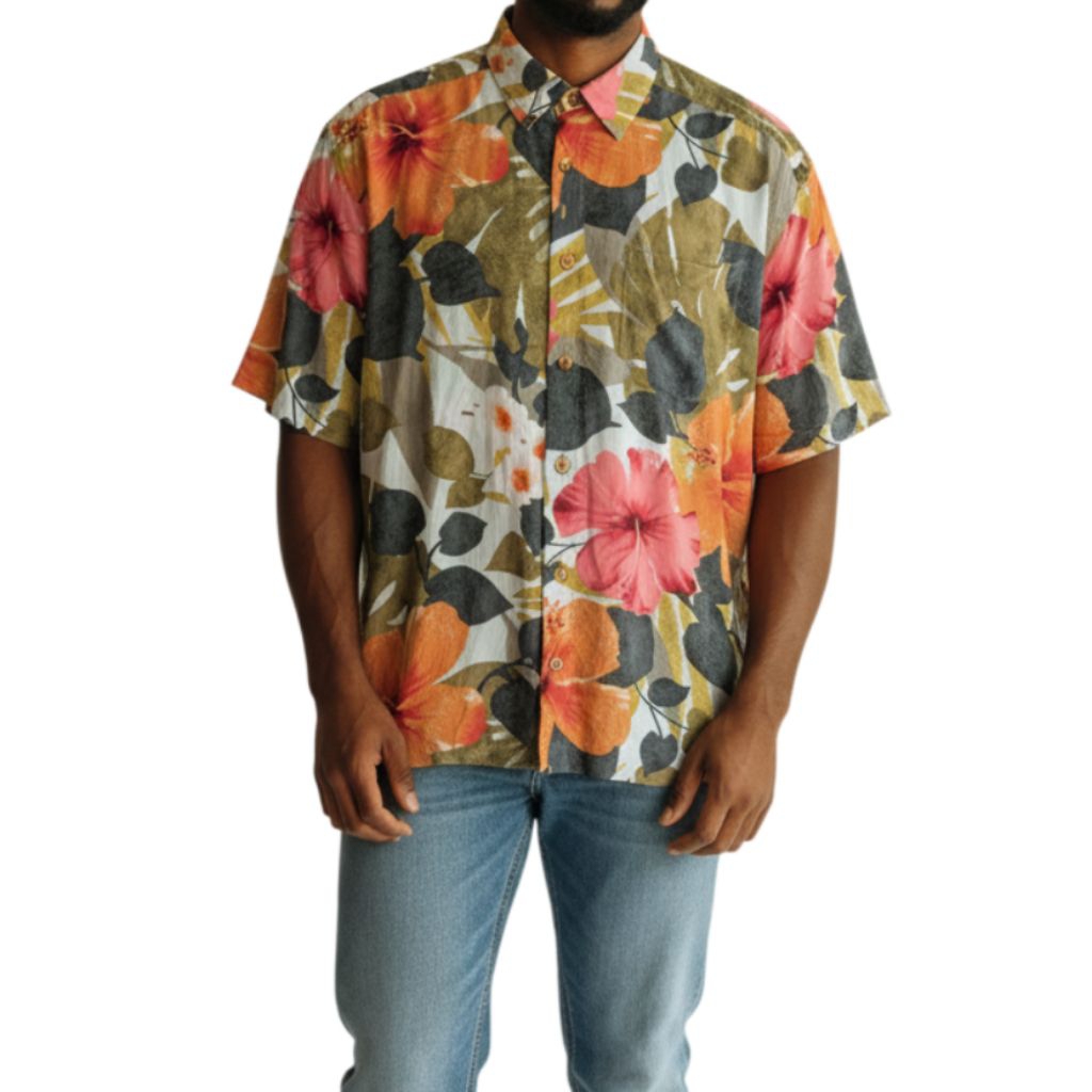 เสื้อฮาวาย JAMS WORLD / HIBISCUS PALM 100% RAYON MADE IN HAWAII,USA