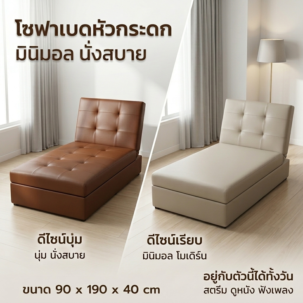 โซฟา โซฟาเบดหัวกระดก ( RS )โซฟาเบส โซฟาปรับนอน โซฟาปรบนอนได้ สไตล์มินิมอล รับประกันสินค้า