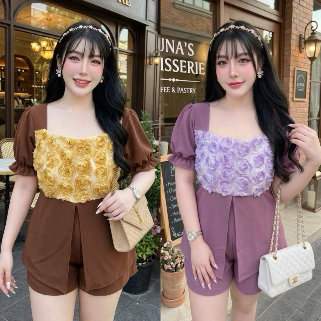 ชุดเซ็ทขาสั้นกุหลาบ3D พลัสไซส์ อก42-58ใส่ออกงาน ใส่เที่ยว พรางหุ่นได้ดีผ้ายืดใส่สบายสำหรับสาวอวบอ้วน