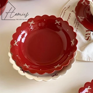 【พร้อมส่ง】🍽️ เซ็ทจาน ชาม เซรามิก ลายโบว์ ขอบหยัก สุดน่ารัก สไตล์เกาหลี เกรดคุณภาพ เข้าไมโครเวฟได้ คาเฟ่มินิมอล เซรามิค