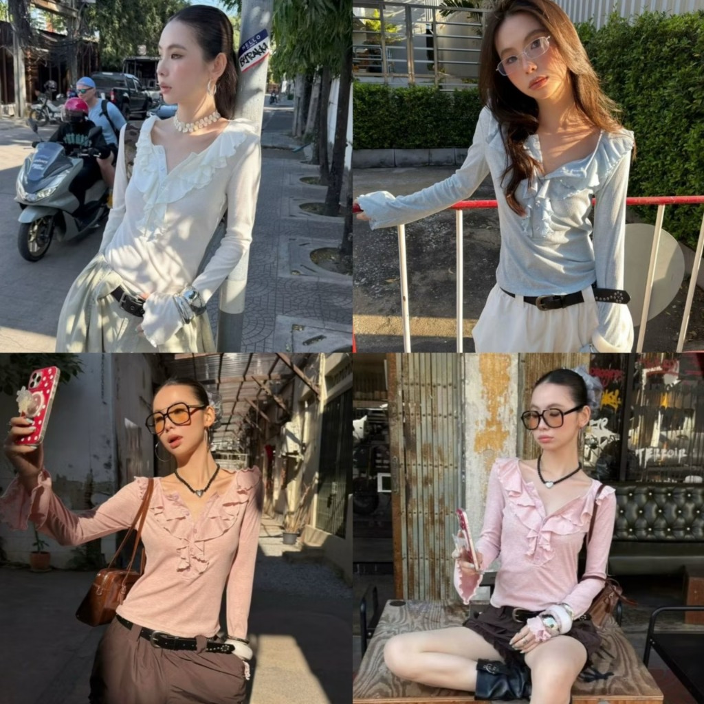 26T029 𝗚𝗜𝗚𝗜 𝗦𝗢𝗙𝗧 𝗥𝗨𝗙𝗙𝗟𝗘 𝗧𝗢𝗣 เสื้อแขนยาวคอเสื้อแต่งระบาย งานป้าย MM FISH 🇰🇷