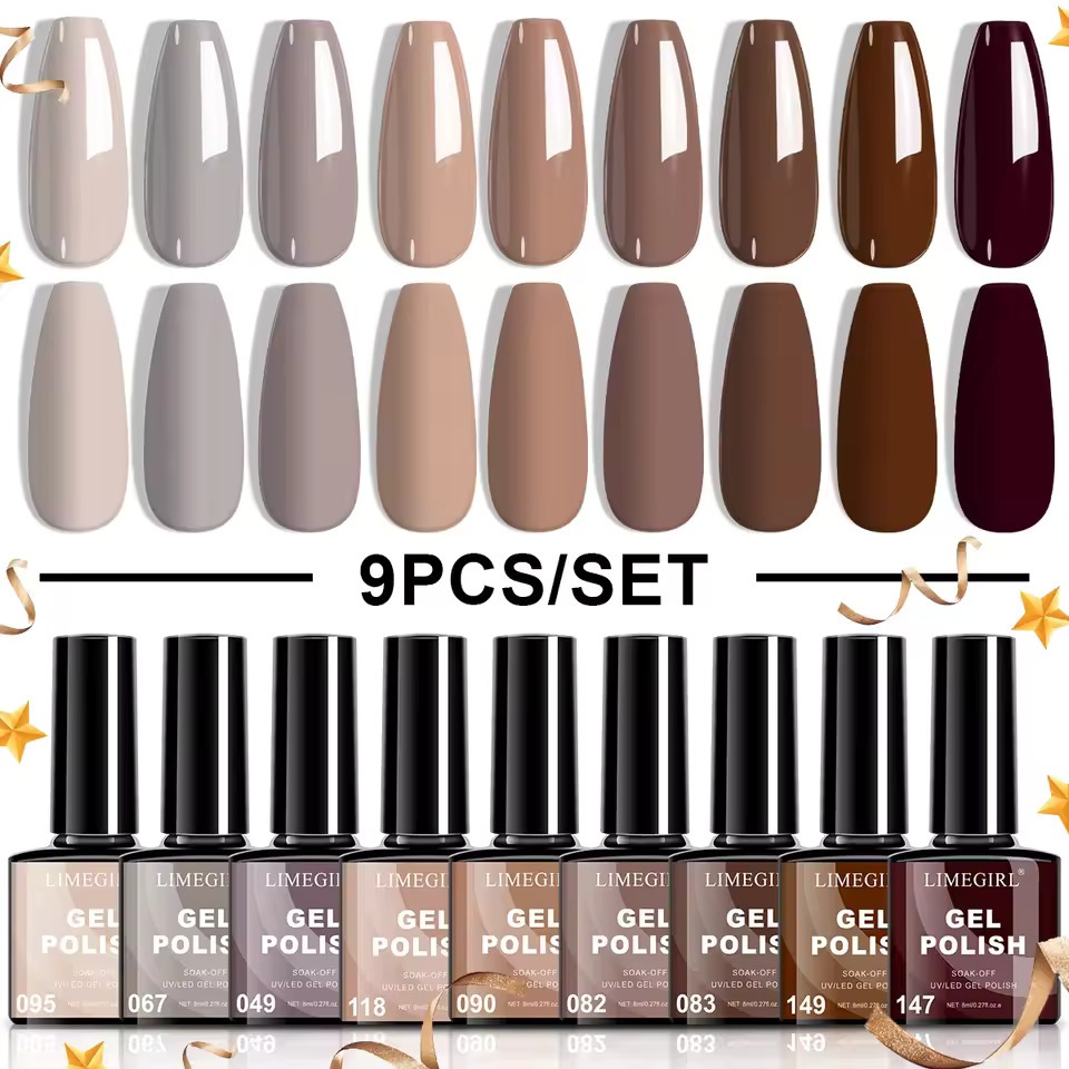 9 Pcs Nail Polish Gel Kit UV LED Soak Semi-Permanent Gel Varn Nail Polish for Beginners