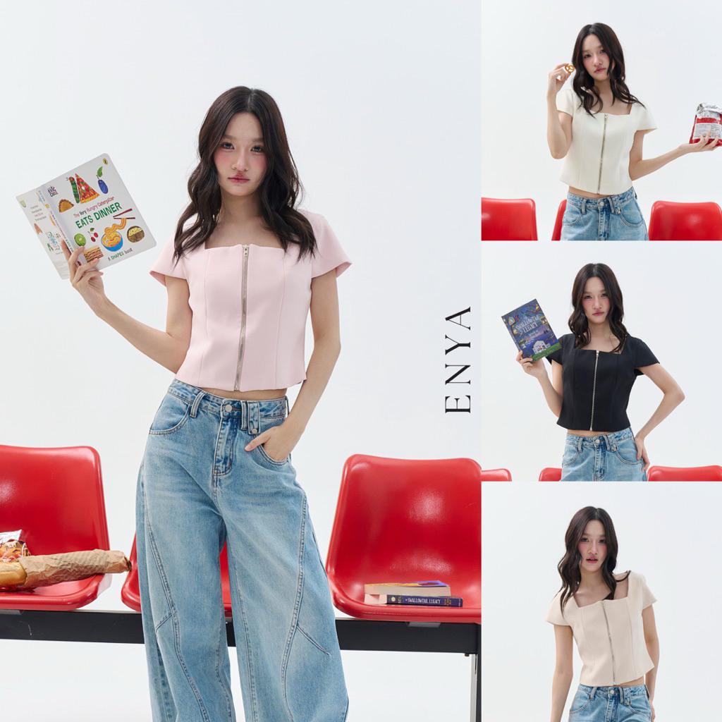 ENYA TOP (เฉพาะเสื้อ) เสื้อคอเหลี่ยมแขนสั้น ดีเทลซิปด้านหน้า อัดกาวทั้งตัว