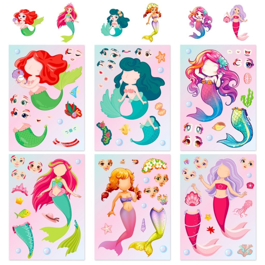 สติ๊กเกอร์ แต่งหน้า นางเงือก Mermaid ติดซ้ำได้ ของเล่น เด็กผู้หญิง (เซ็ต 6 แผ่น)