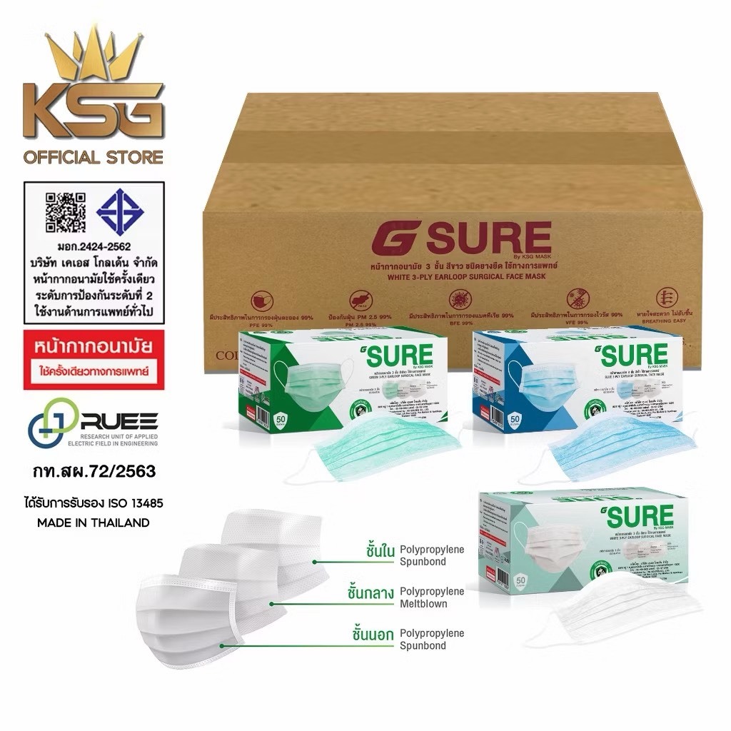 G Sure หน้ากากอนามัยทางการแพทย์ยกลัง มอก. LV2 BFE PFE VFE 99% ป้องกัน PM2.5