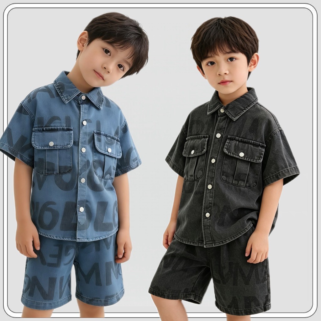 MC238 เซ็ตเสื้อผ้าเด็กยีนส์ เสื้อเชิ้ตกระดุมหน้า+กางเกงขาสั้น ลายอักษร แฟชั่นเด็ก