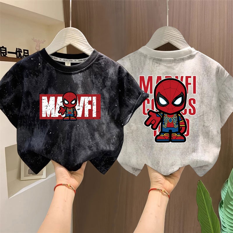 【พร้อมส่ง】【COD】ผ้าฝ้าย100% เสื้อยืดเด็ก Spider-Man ลวดลายการ์ตูน นุ่มสบาย ทรงหลวม เสื้อยืดมัดย้อม 3-12ปี เด็ก