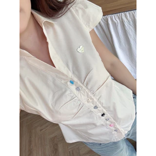 🌟Mamildya.shop🌟 เสื้อเชิ้ตครอปแขนสั้นผ้าคอตตอนสีพื้น ชายระบาย/ F2-2/COOK-ดุมดาว⚫