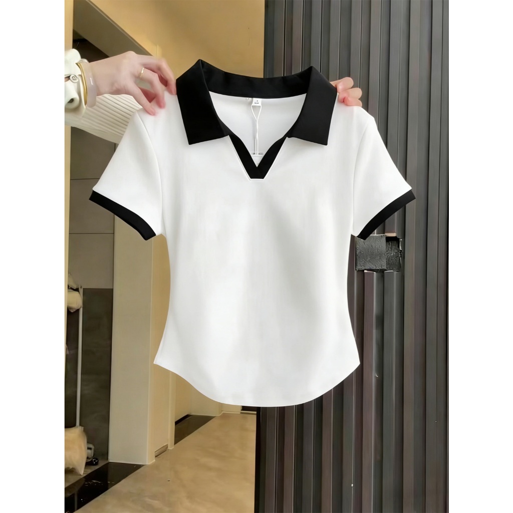 เสื้อครอปแขนสั้นทรงเข้ารูปสไตล์เกาหลีสำหรับผู้หญิง ไซส์ M-3XL คอวี มีให้เลือก 5 สี ทรงเข้ารูป จัดส่งรวดเร็ว