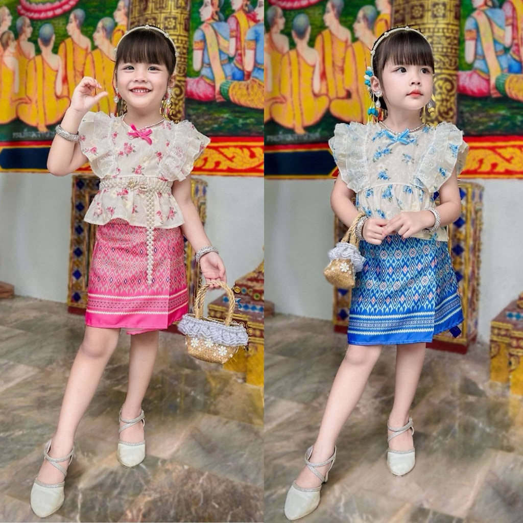 ชุดไทยเด็ก รุ่นผ้าถุง แต่งลูกไม้สุดน่ารัก ผ้าดีสีไม่ตก