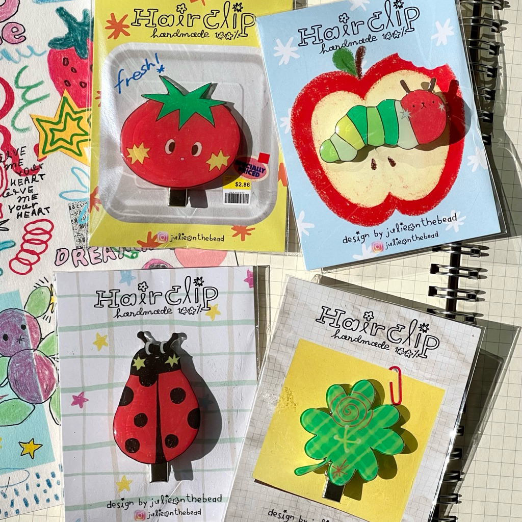 hairclips 🐞 กิ๊บติดผมน่ารัก ลายเต่าทอง ใบโคลเวอร์ มะเขือเทศ ©julie on the bead