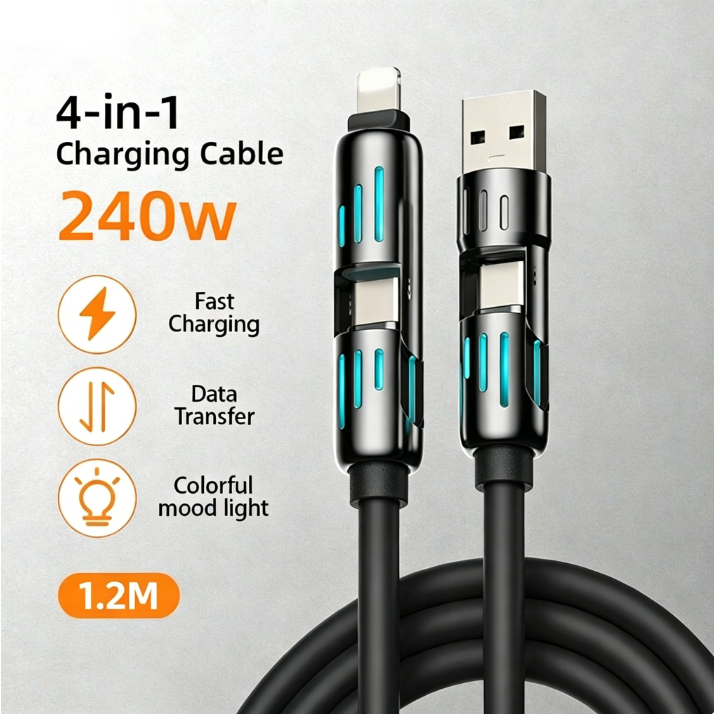 สายชาร์จเร็ว 4in1 Fast Charge 240w สายชาร์จมือถือ แสงไฟ RGB สายชาร์จTYPE C USB