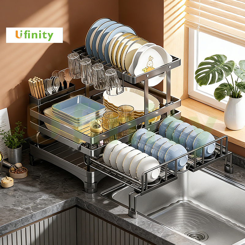 Lifinity ชั้นวางจาน ถอดออกได้ ชั้นวางแก้ว ปรับขนาดได้ พร้อมถาดรองน้ำทิ้ง ระบบระบายน้ำอัตโนมัติ