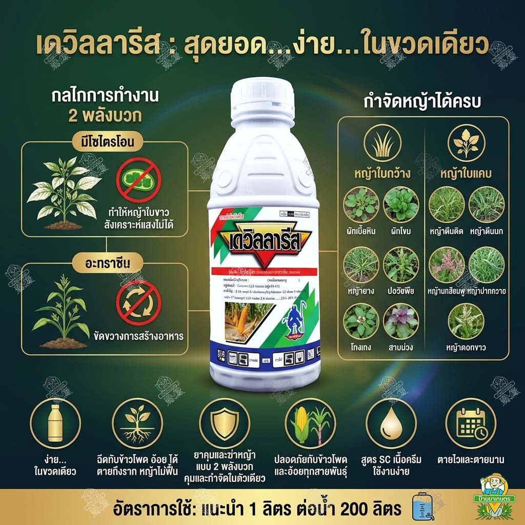 เดวิลลารีส 1ลิตร ลัง 20ขวด มีโซไตรโอน+อะทราซีน ใช้แบบ เมอร์เทคท์ คาลลารีส กำจัด-คุมหญ้า ใบแคบใบกว้าง