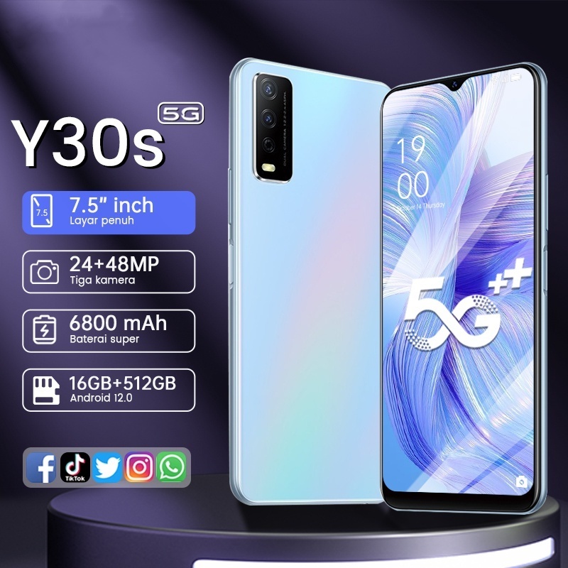 โทรศัพท์มือถือ Y30s 5Gแรม16GB รอม512GBปลดล็อกด้วยใบหน้า 60Hz HD 7.5 นิ้ว 6800mAh รองรับ 2 ซิมการ์ด ส