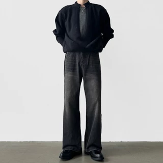 Baggy S-5XL กางเกงยีนส์ขายาวทรงตรงสีดำฟอกแบบเรโทรสำหรับผู้ชาย สไตล์เกาหลี