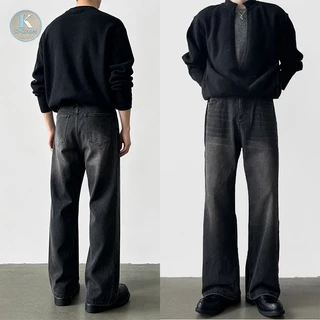 Baggy S-5XL กางเกงยีนส์ขายาวทรงตรงสีดำฟอกแบบเรโทรสำหรับผู้ชาย สไตล์เกาหลี