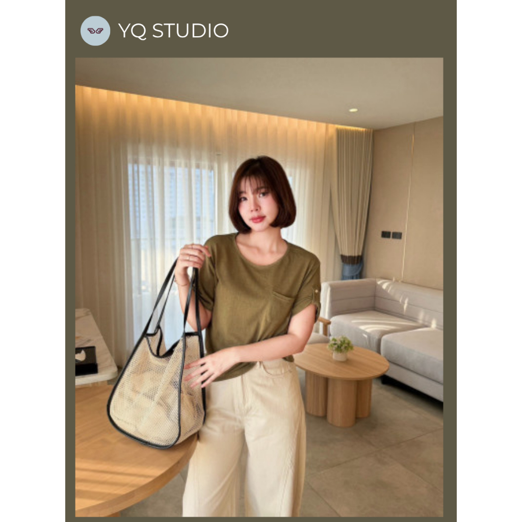 A695 Polly Banel Cago Jeans กก.ยีนส์ barrel ทรงโค้งนิดๆ ผสม cargo สีเบจ ป้ายYQ