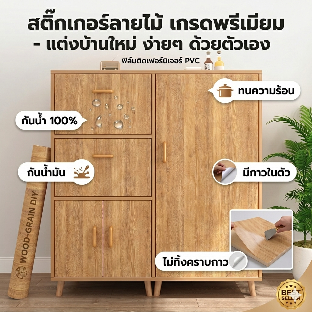 Royzen สติ๊กเกอร์ลายไม้ติดเฟอร์นิเจอร์ ลายไม้ หนาทนทาน กันน้ำ มีกาวในตัว ติดง่าย วอลเปเปอร์ติดเฟอร์นิเจอร์ สติกเกอร์ติดผ