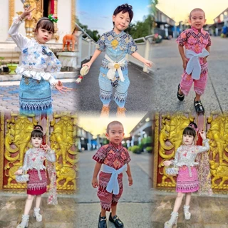 ชุดไทยเด็ก แต่ระบายลูกไม้ มีสไบปักดอกไม้ 3D