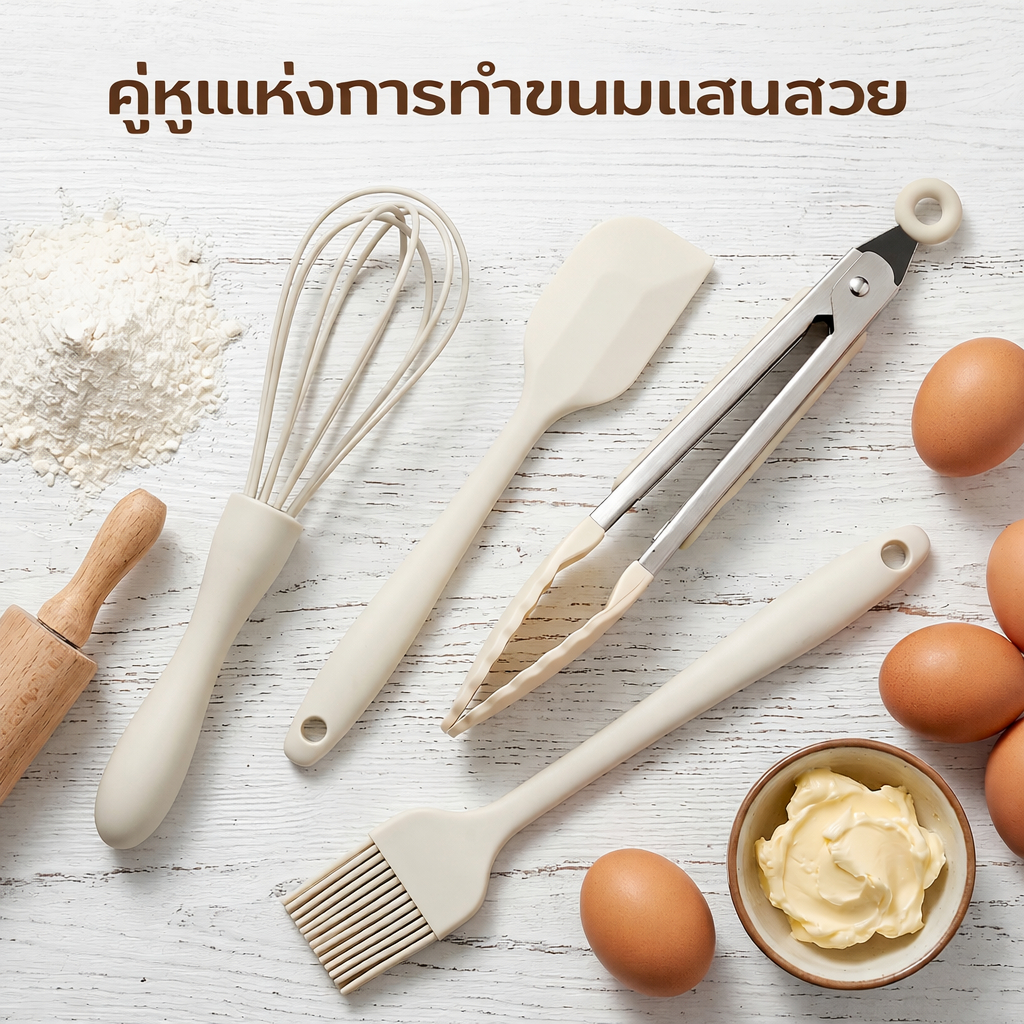 Love&Lullabies ชุดเครื่องครัวซิลิโคน 4 ชิ้น ตะกร้อมือ แปรง ซิลิโคน ที่คีบ ไม่ติดกระทะ ทนความร้อน