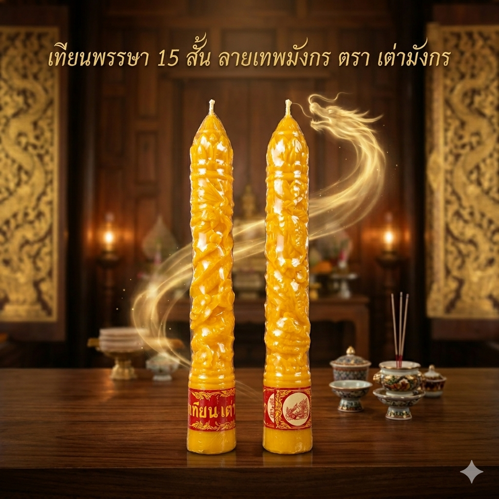 เทียนพรรษา เบอร์ 15 สั้น ยาว 13 นิ้ว | กว้าง 1.5 นิ้ว ลายพิกุล และ ลายมังกร