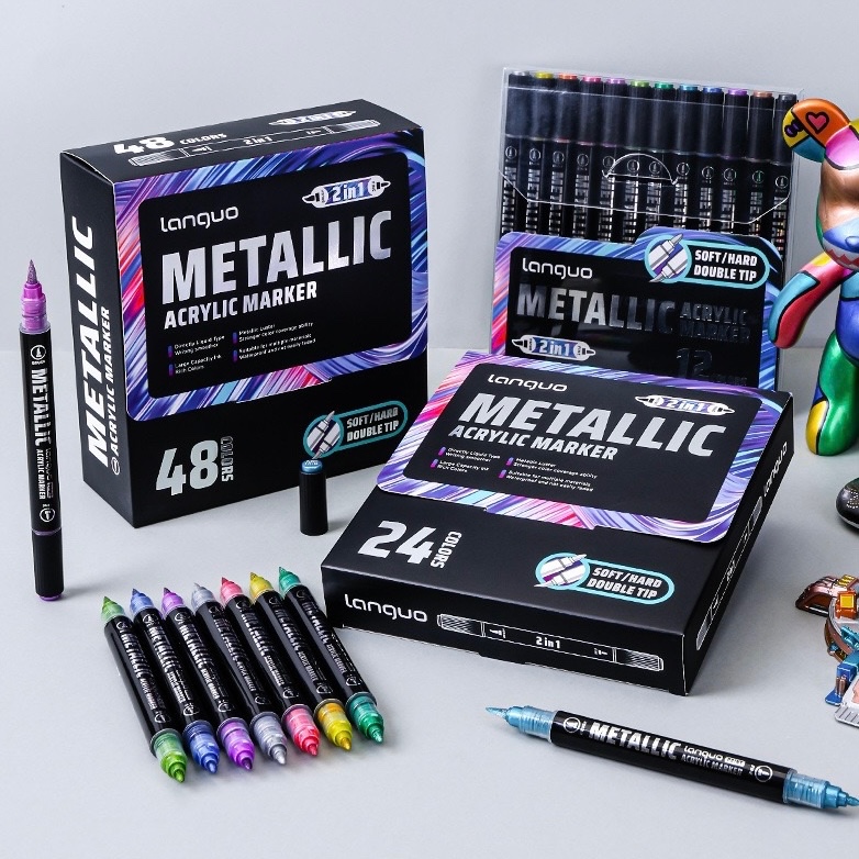 (พร้อมส่ง🇹🇭) 2 หัว Dual Metallic Acrylic Marker 12/24/48 สี Languo M750 ปากกาเมทัลลิค สีเงาวิ้ง ระบา