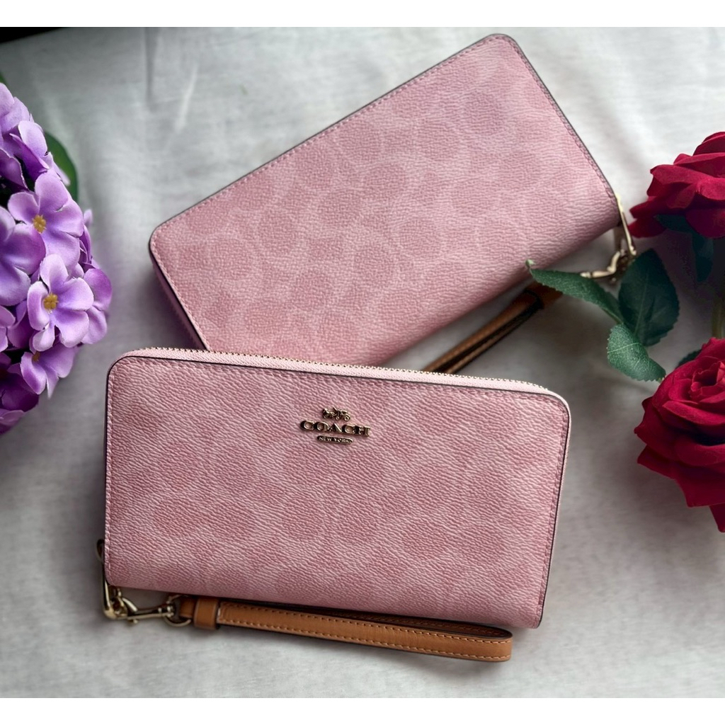 ❤️🌸Long Zip Around Wallet in Signature Canvas สี : Powder Pink ขนาด : 7.5" (L) x 4" (H) x 1" (W) Sty