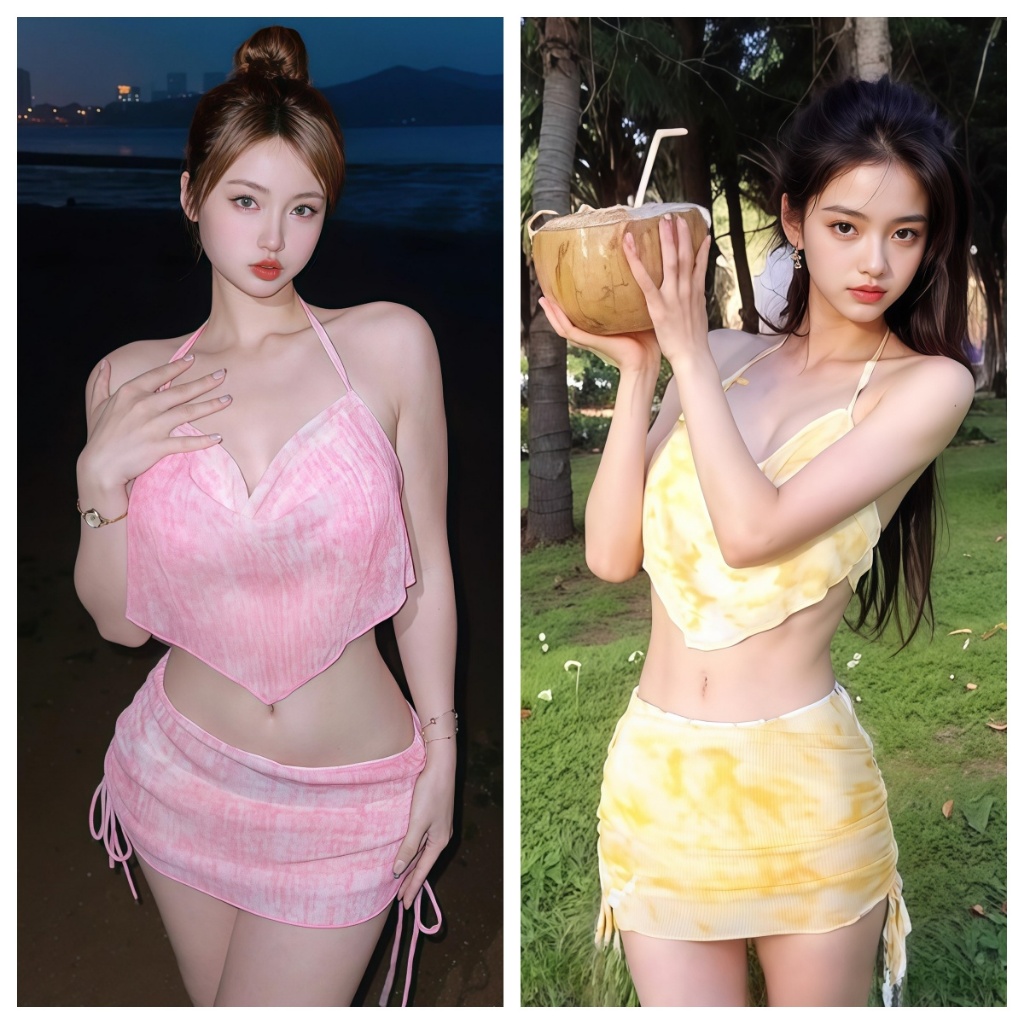 ชุดว่ายน้ำ 3 ชิ้น bikini ลายมัดย้อมสีลายดอกไม้น่ารัก สีชมพู 6035
