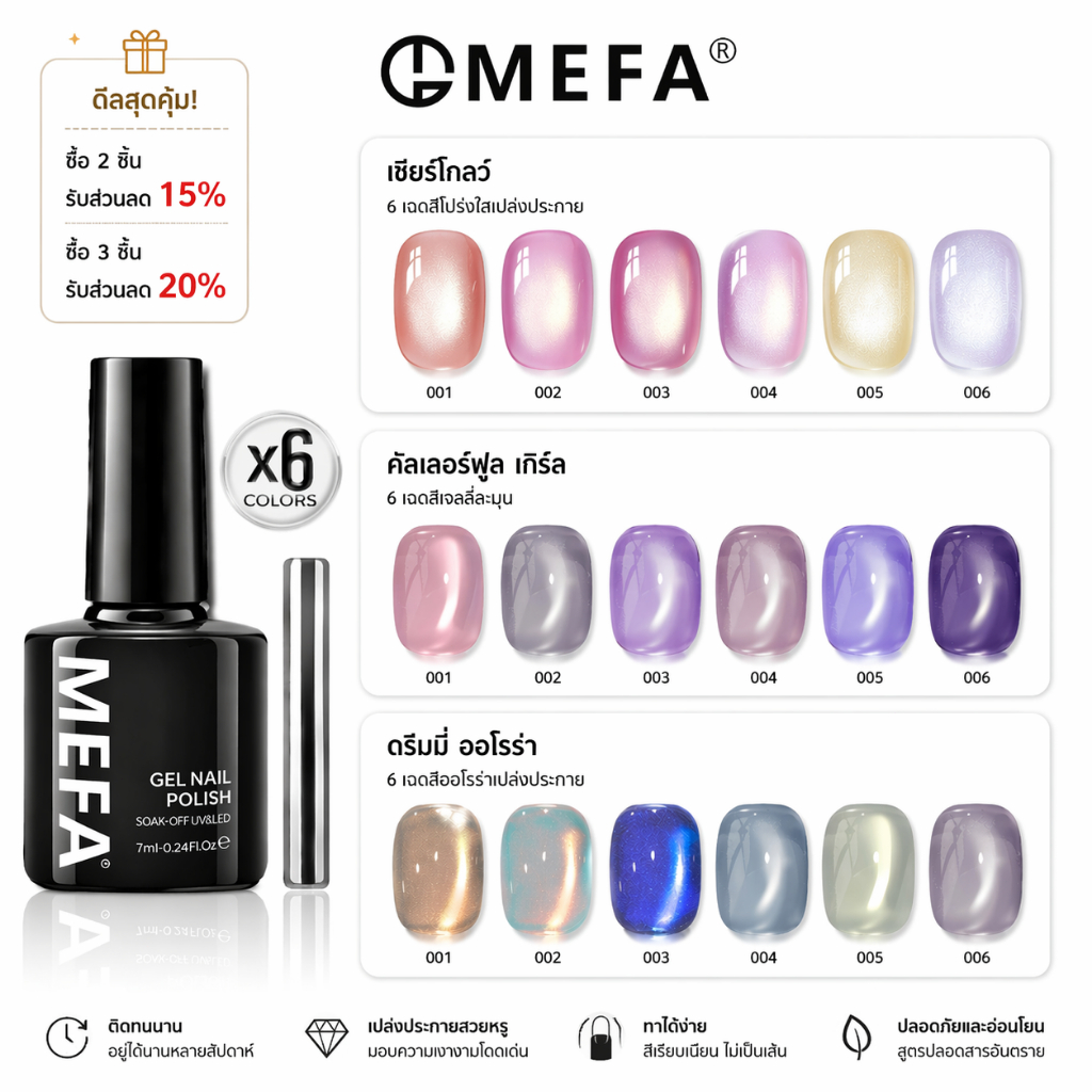 MEFA ชุดยาทาเล็บเจลตาแมว 4 สี พร้อมเบสโค้ท ท็อปโค้ท + แม่เหล็ก ทำเล็บเจลเปลี่ยนสี Cat Eye Gel